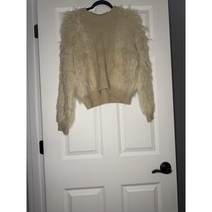 Absolutely Short Knit Pullover Sweater With Faux Fur Fuzzy Soft Large Beige